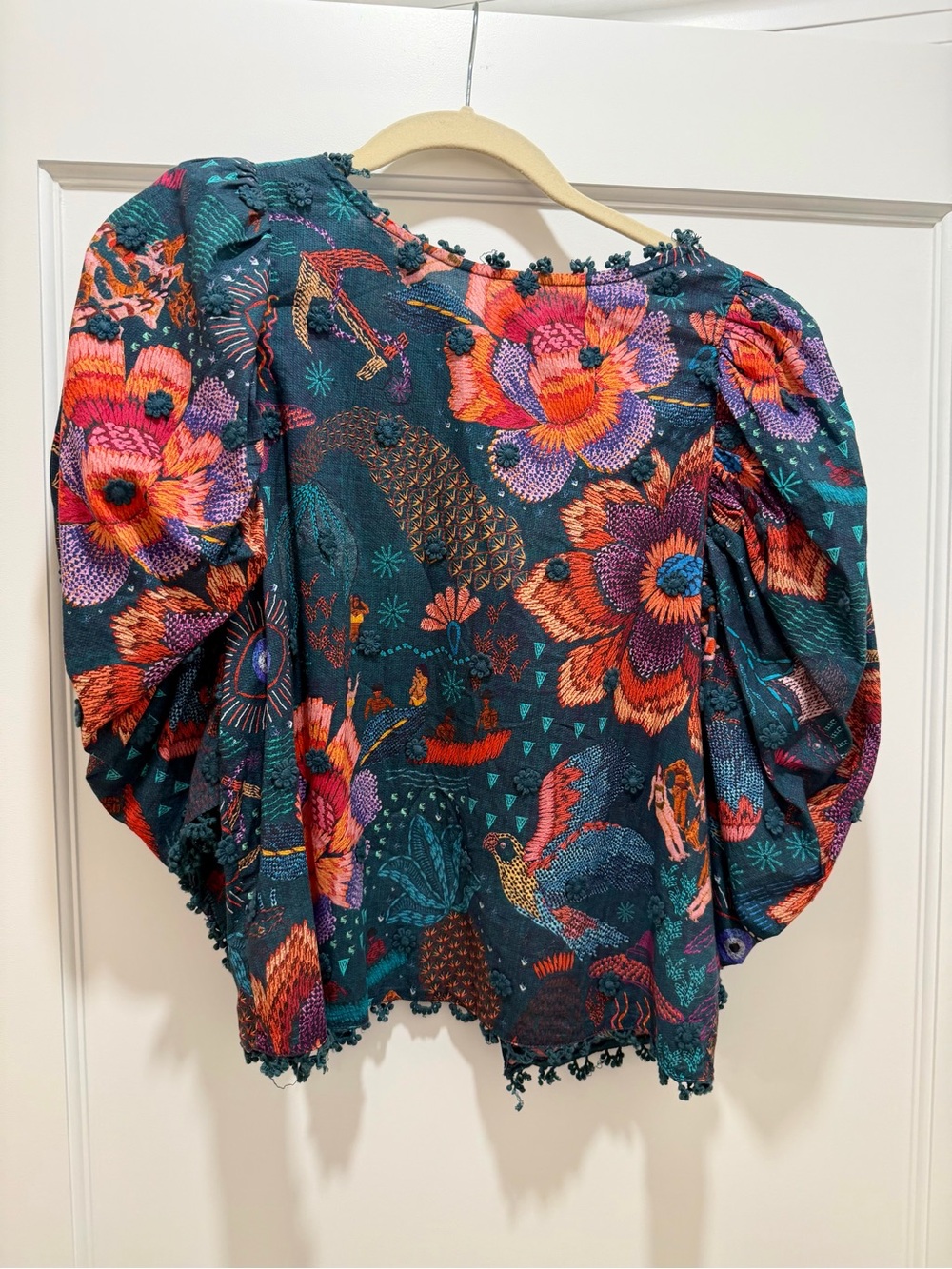 Floral Puff-Sleeve Farm Rio Blouse in Teal with Multicolor Print